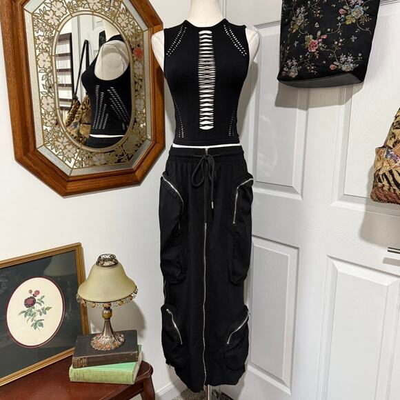 NWT Love Highlight Black Maxi Drawstring Alt Cargo Skirt w Working Zippers S - Picture 2 of 8